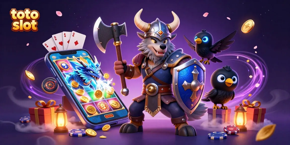Win big with toto slot amidst a vibrant 3D casino scene featuring a Viking warrior, dragon, and energetic game elements.
