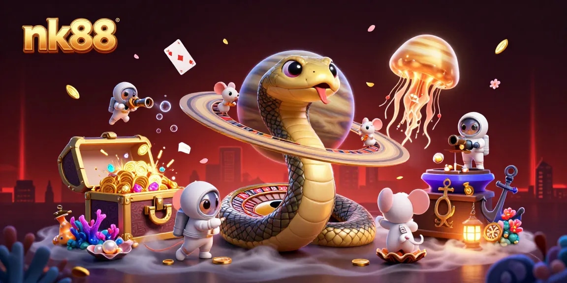 Bet on nk88 with a cosmic roulette scene featuring astronaut mice and a golden jellyfish dealer.