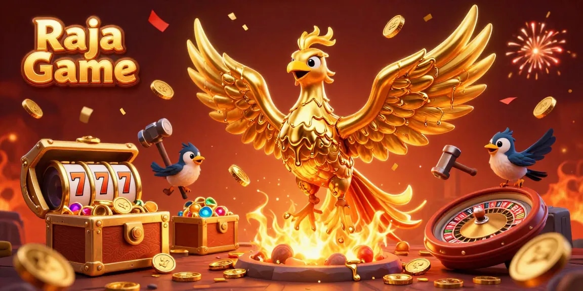 Experience thrilling gameplay with Raja Game, as a golden phoenix emerges, surrounded by slot reels and festive elements.