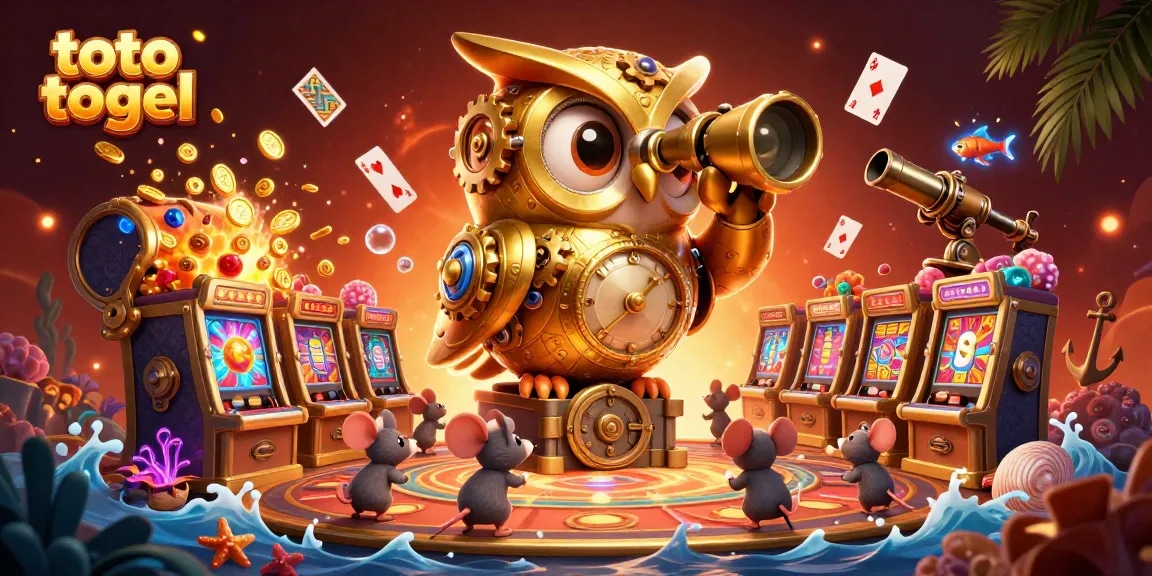 Experience thrilling toto togel gameplay with a golden owl, vibrant treasures, and animated casino elements in a captivating scene.