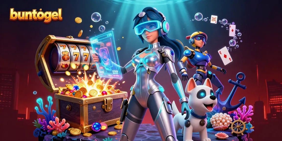 Buntogel showcases a stunning illustration of a futuristic casino scene with vibrant characters and immersive gambling elements.