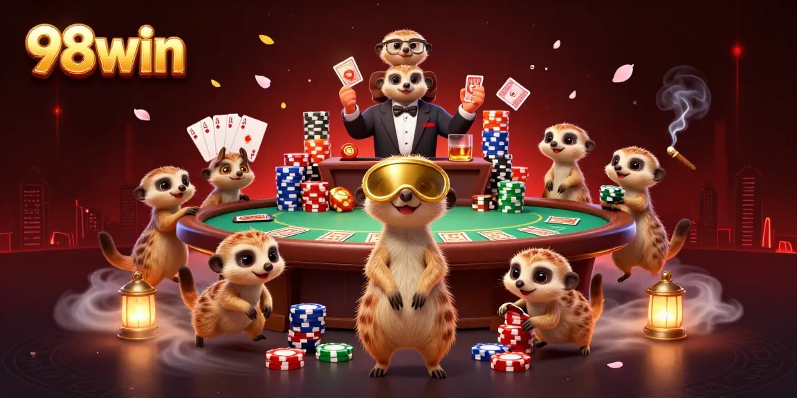 Experience dynamic action at 98win casino with meerkats orchestrating games amidst vibrant gaming elements.