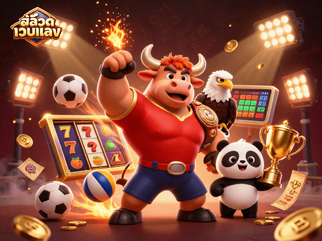 Engage in สล็อตเว็บตรง gaming with a vibrant scene featuring a bull mascot and sports elements.