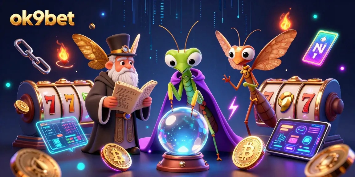 Engage in thrilling gameplay at ok9bet with vivid scenes of slots, Bitcoin, and Ethereum elements.