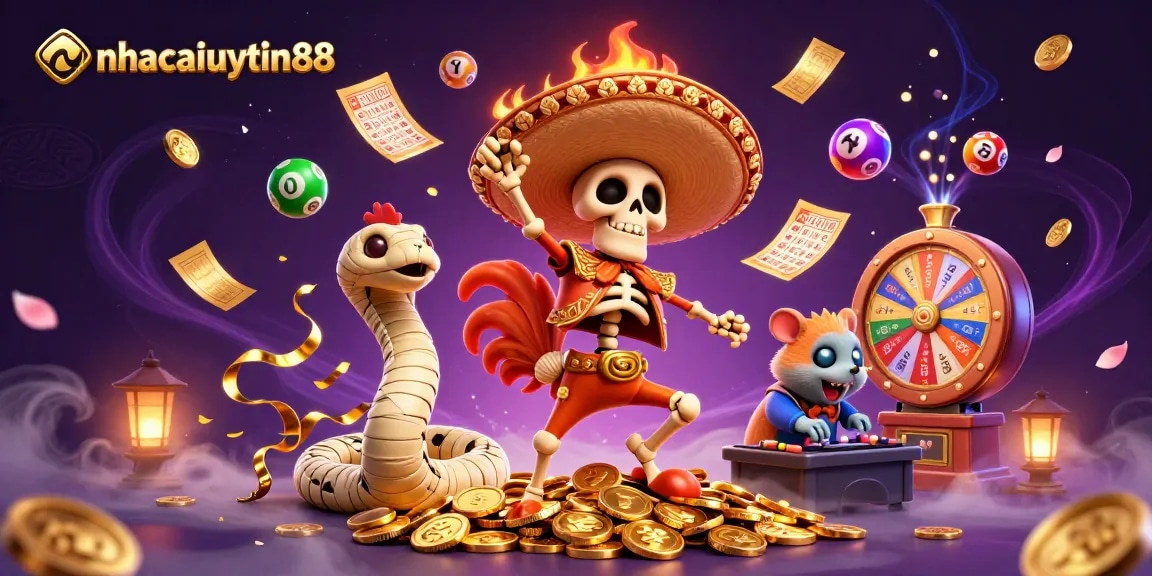 Experience the excitement of nhacaiuytin88 with vibrant lottery balls and animated characters celebrating in a casino scene.