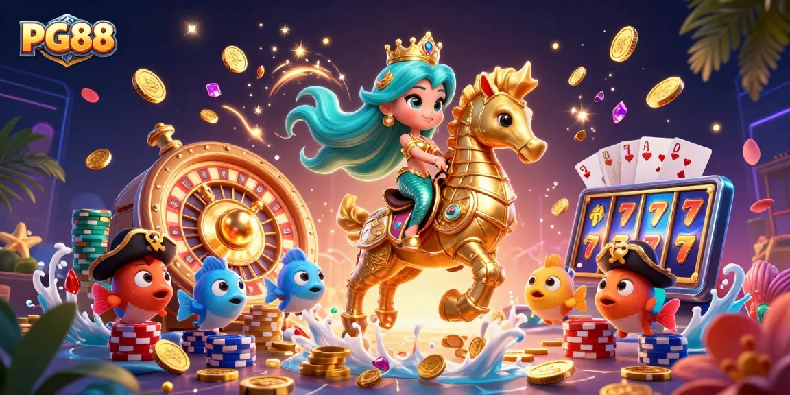 Play PG88 for a thrilling gaming experience with colorful mermaids, seahorses, and sparkling treasures!
