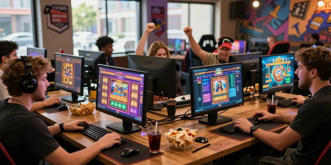 Players enjoying deposit tanpa minimal at a vibrant online gaming lounge.