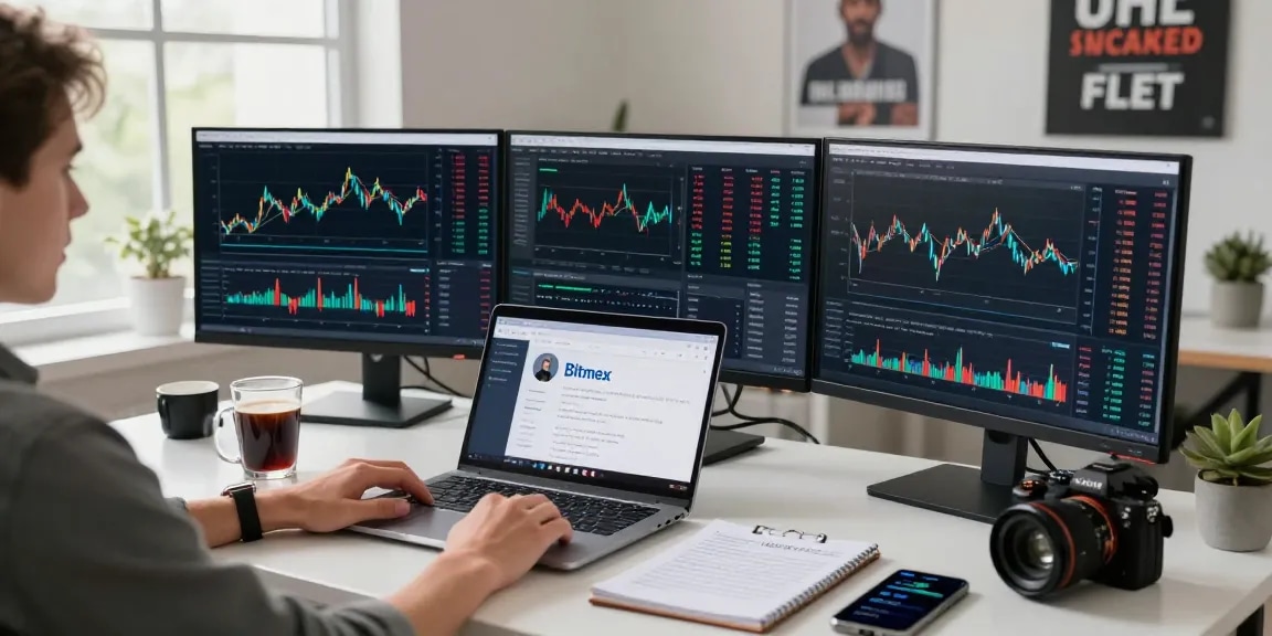 Человек анализирует отзывы bitmex на экранах компьютеров в современном домашнем офисе