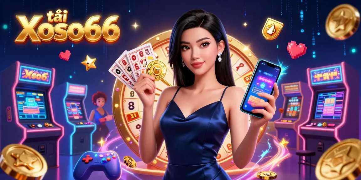 Experience excitement with tải Xoso66 app featuring the stunning Asian woman showcasing a casino app, lottery elements, and vibrant game machines.