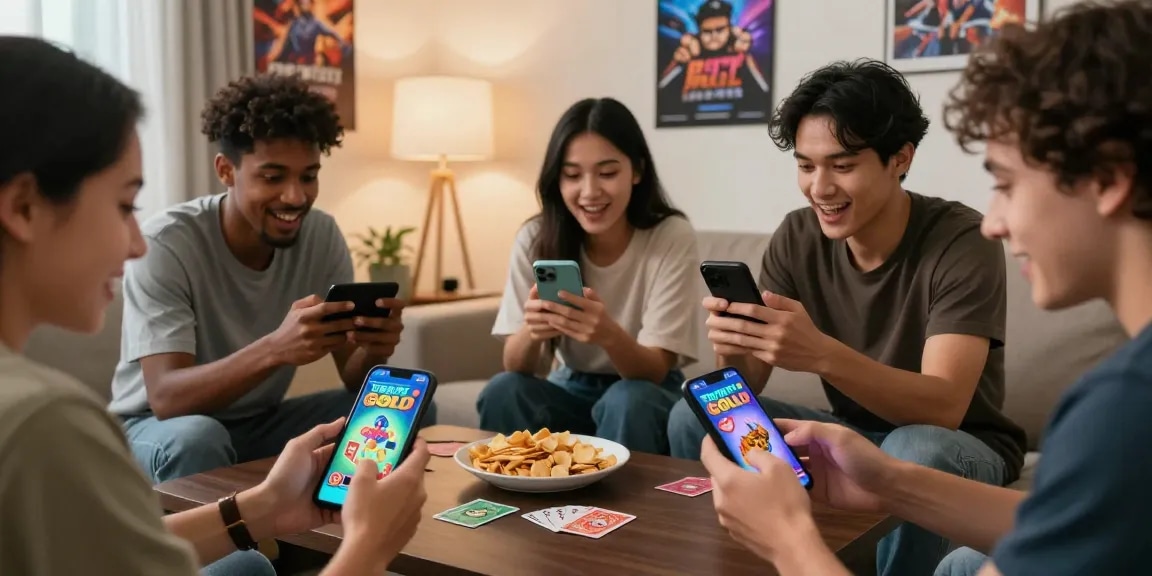 Engaged friends playing Teen Patti Gold on mobile devices; Click here to join the fun!