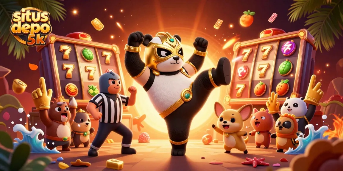 Engage with situs depo 5k as a panda wrestler kicks into action surrounded by spinning slot reels and cheering animal spectators.