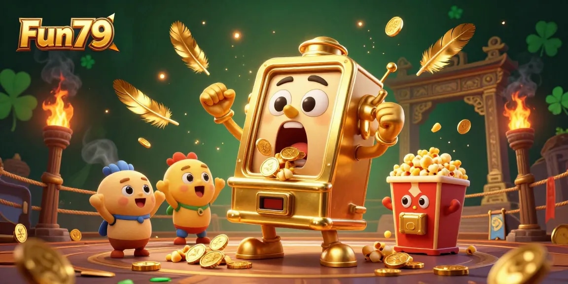 Experience thrilling wins at Fun79 with cartoon slot machines celebrating jackpots amid dynamic casino elements.