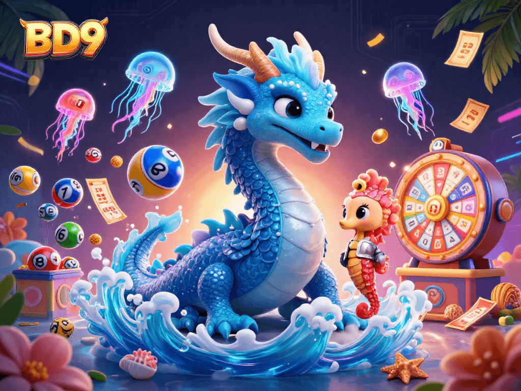 Engage in thrilling gameplay at BD9 with vibrant lottery balls and dragon characters in a dynamic atmosphere.