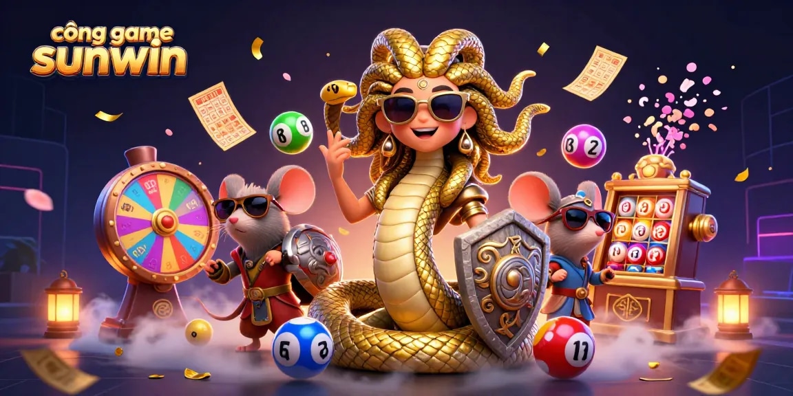 Engage with cổng game sunwin through this vibrant lottery-inspired illustration featuring a playful Medusa and exciting game elements.