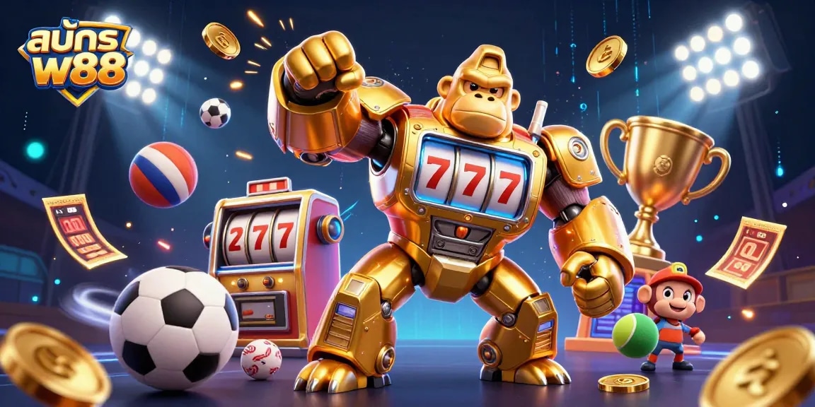 Win big with สมัคร w88 in a vibrant casino scene featuring a golden gorilla mech and dynamic sports elements.