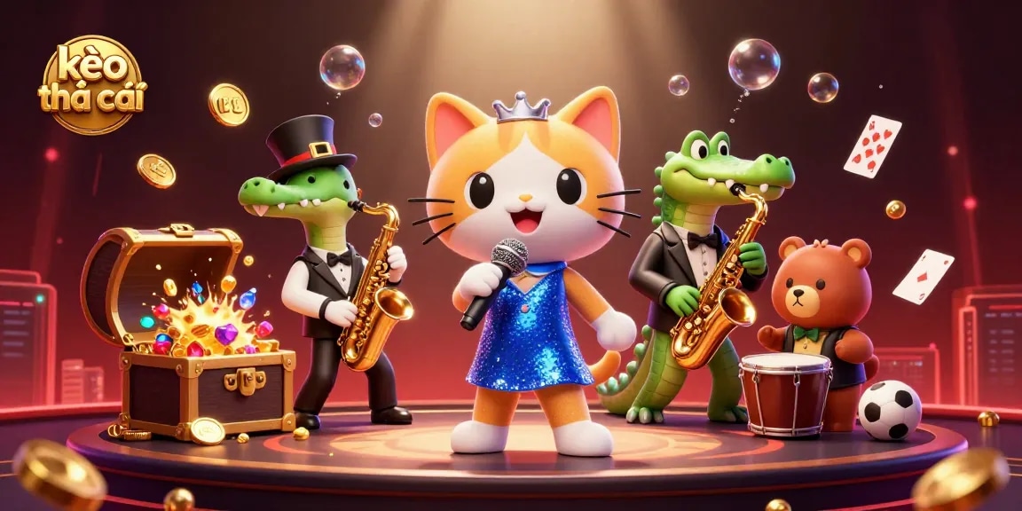 Engage with kèo nhà cái as lively characters perform on a casino stage amidst dazzling game elements.