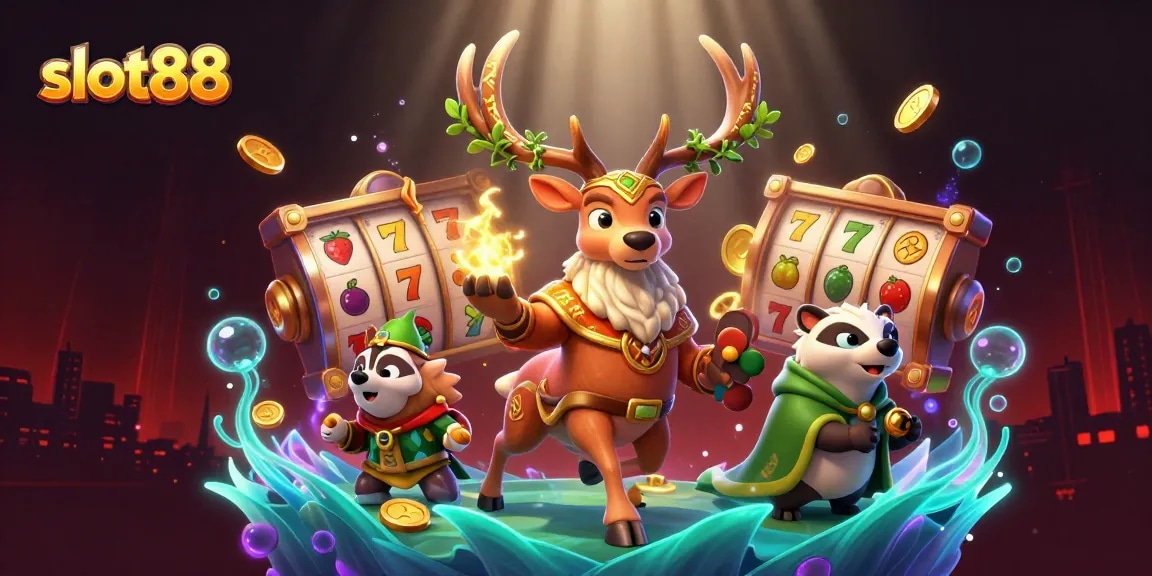 Slot88 menawarkan pengalaman judi menarik dengan simbol jackpot berkilau dan karakter menarik di sekelilingnya
