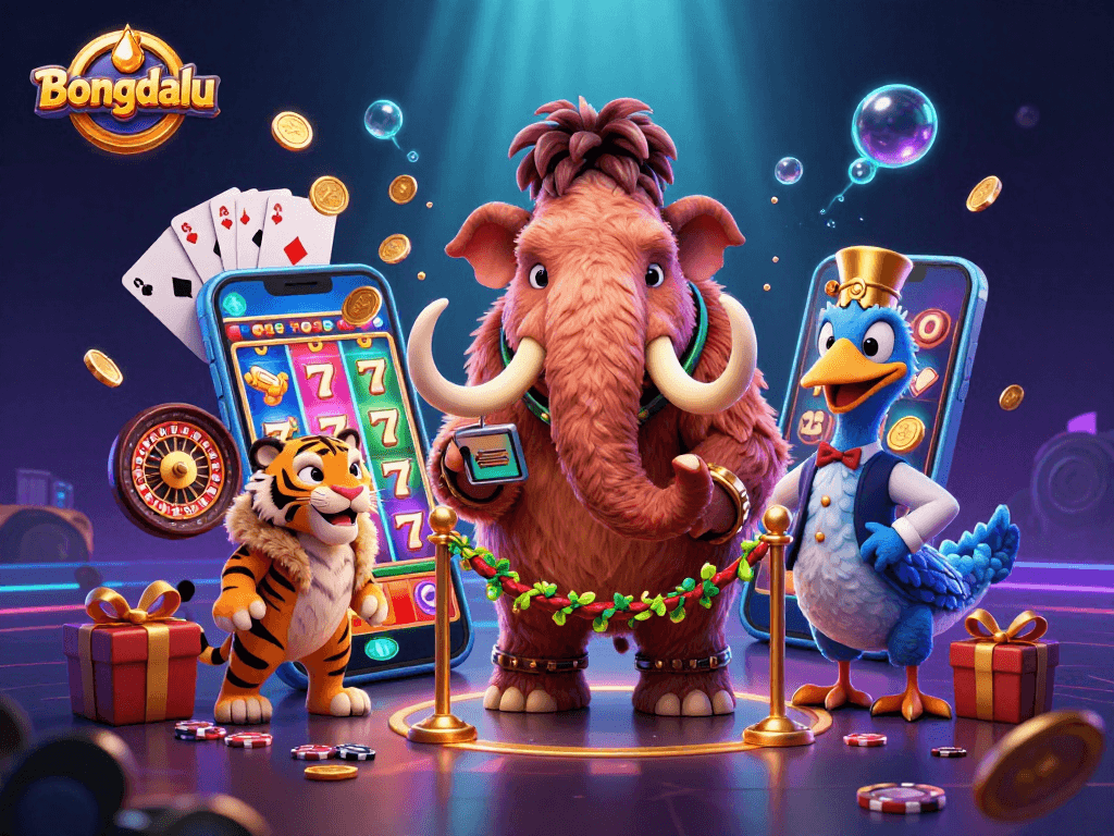 Bongdalu features a vibrant casino scene with a woolly mammoth bouncer, saber-tooth VIP, and dodo doorman.