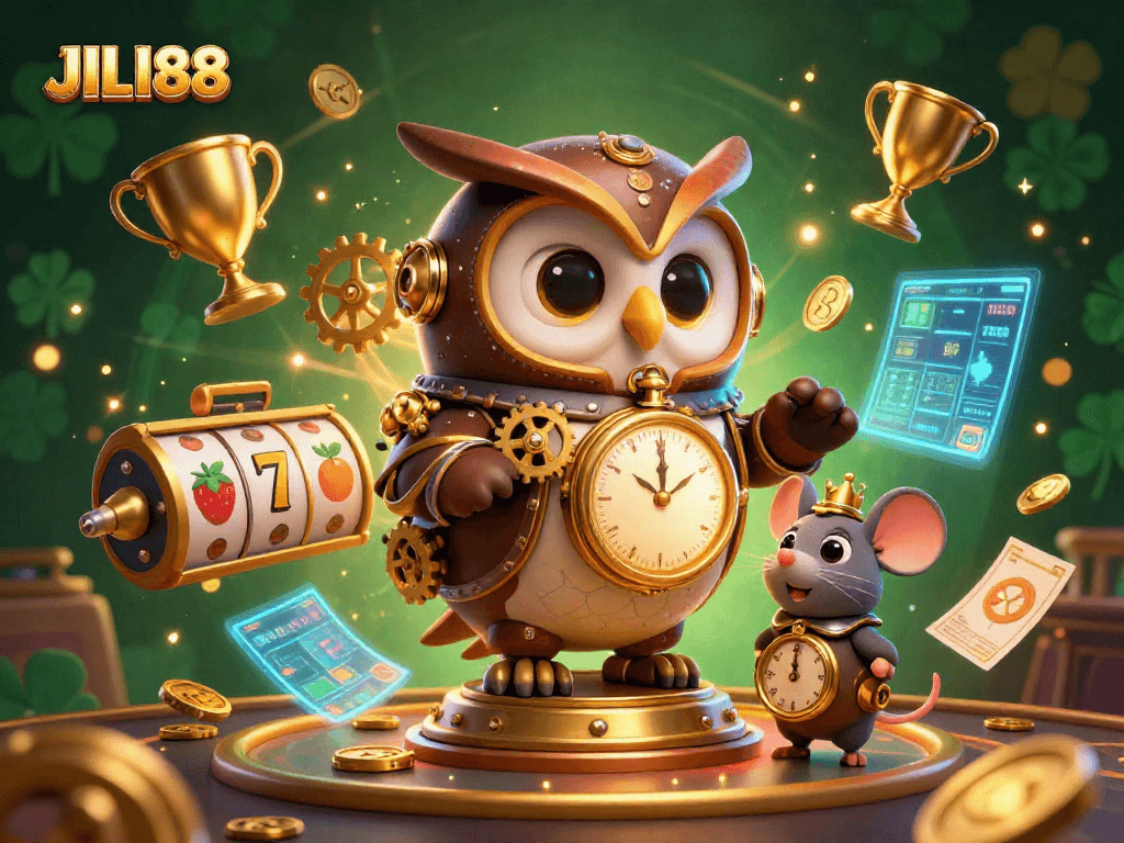 Bet on JILI88 with a 3D scene depicting a time-traveler owl and thrilling casino elements.