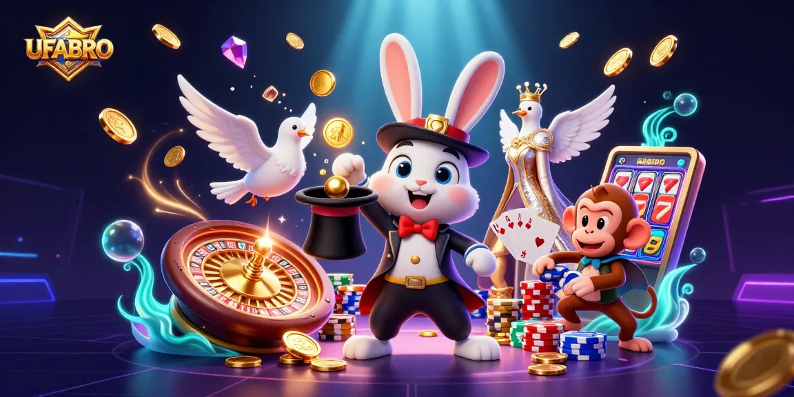 Bet on UFABRO and witness a magician rabbit conjuring coins, showcasing a rich casino fantasy.
