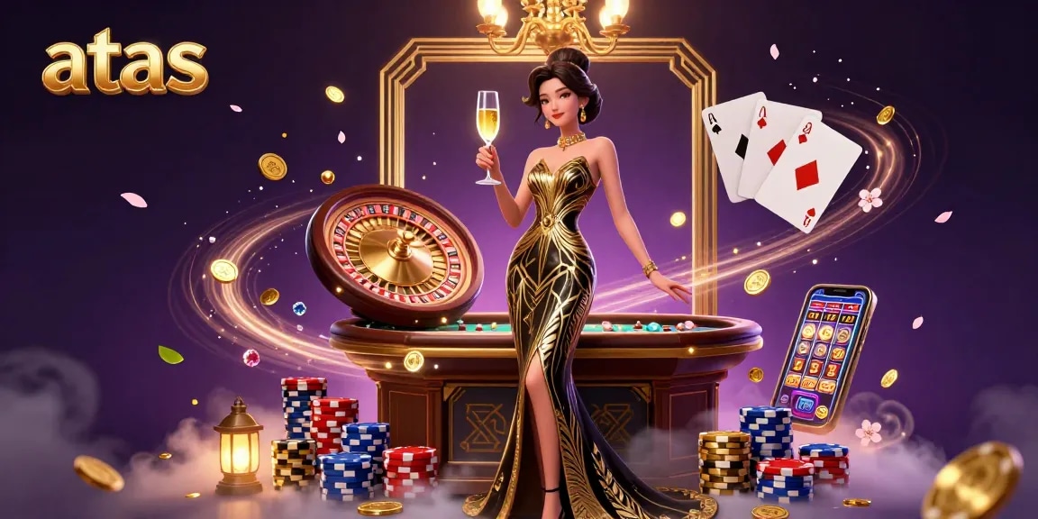 Engage with the vibrant world of atas casino featuring a glamorous woman at a roulette table surrounded by golden coins and sparkling gems.