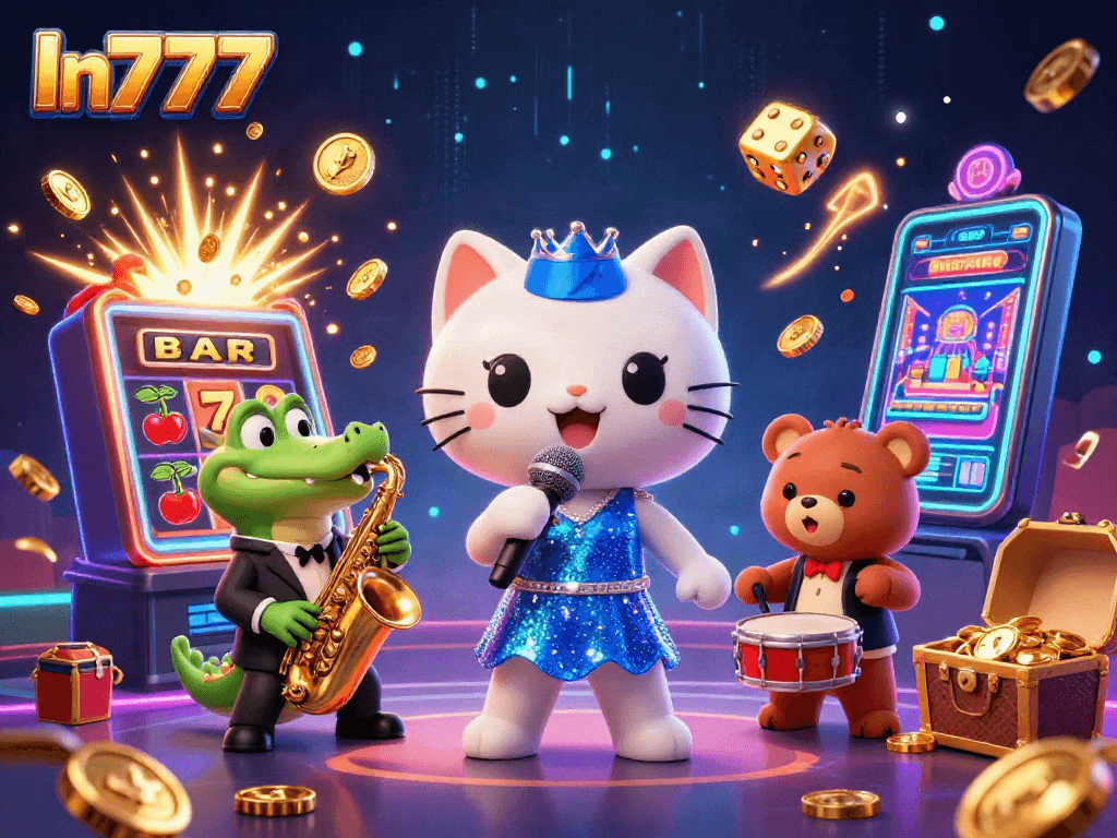 In777 game features a vibrant scene with a jazz-singer cat and slot machine jackpot excitement.