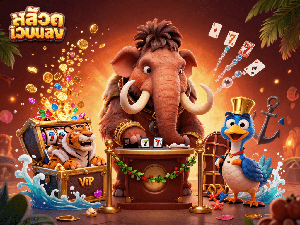 Engage with สล็อตเว็บตรง at a vibrant casino scene featuring a woolly mammoth bouncer and high-energy game elements.
