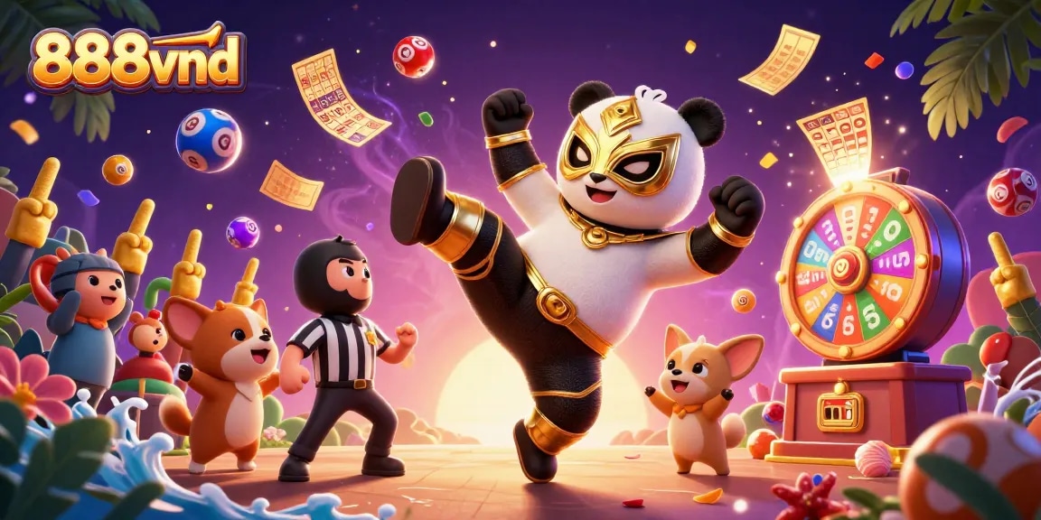 Immerse in 888vnd's exciting gaming world with vibrant characters and dynamic lottery elements.