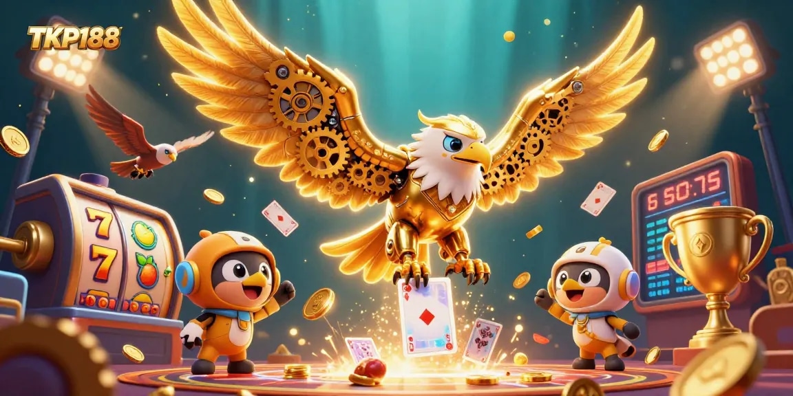 Engage with TKP188's thrilling slots as a cybernetic eagle dives through holographic cards.