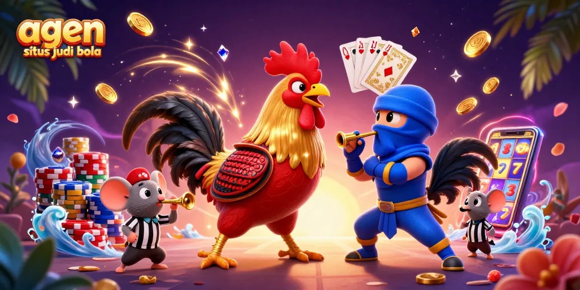 Engage with the action in agen situs judi bola: dynamic standoff between cartoon fighting roosters, rich casino elements.