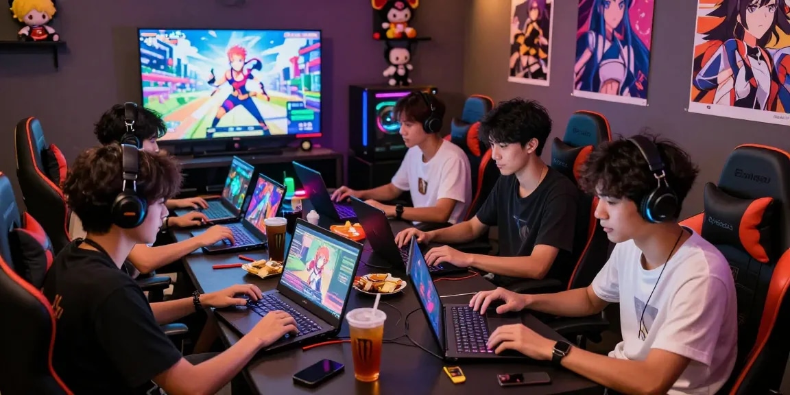 Friends enjoying thrilling hentai games in a vibrant gaming lounge.