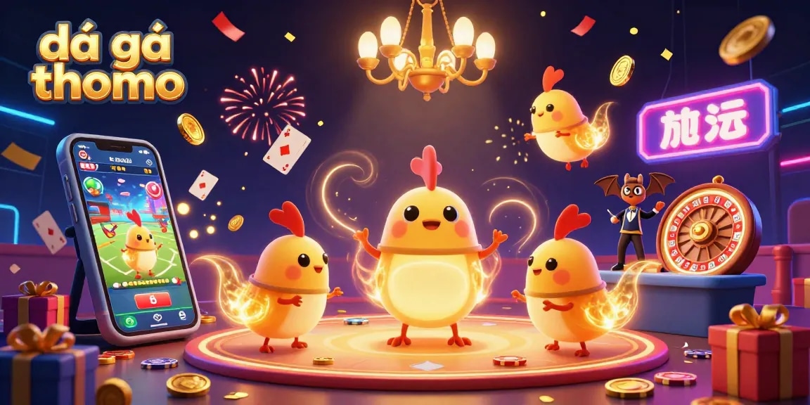 Engage in đá gà thomo excitement with a vibrant cockfighting arena and glowing characters.