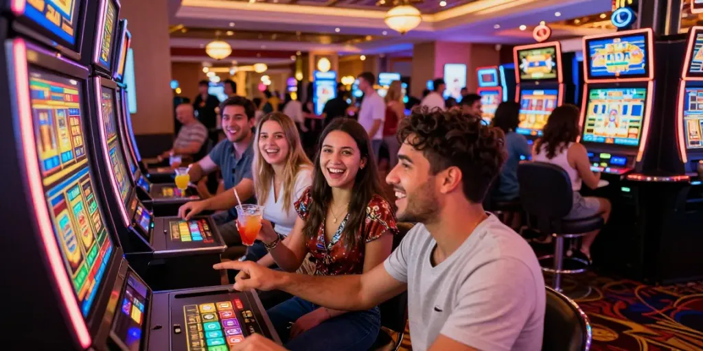 Exciting casino scene with friends celebrating akunjp jackpot win at a slot machine.