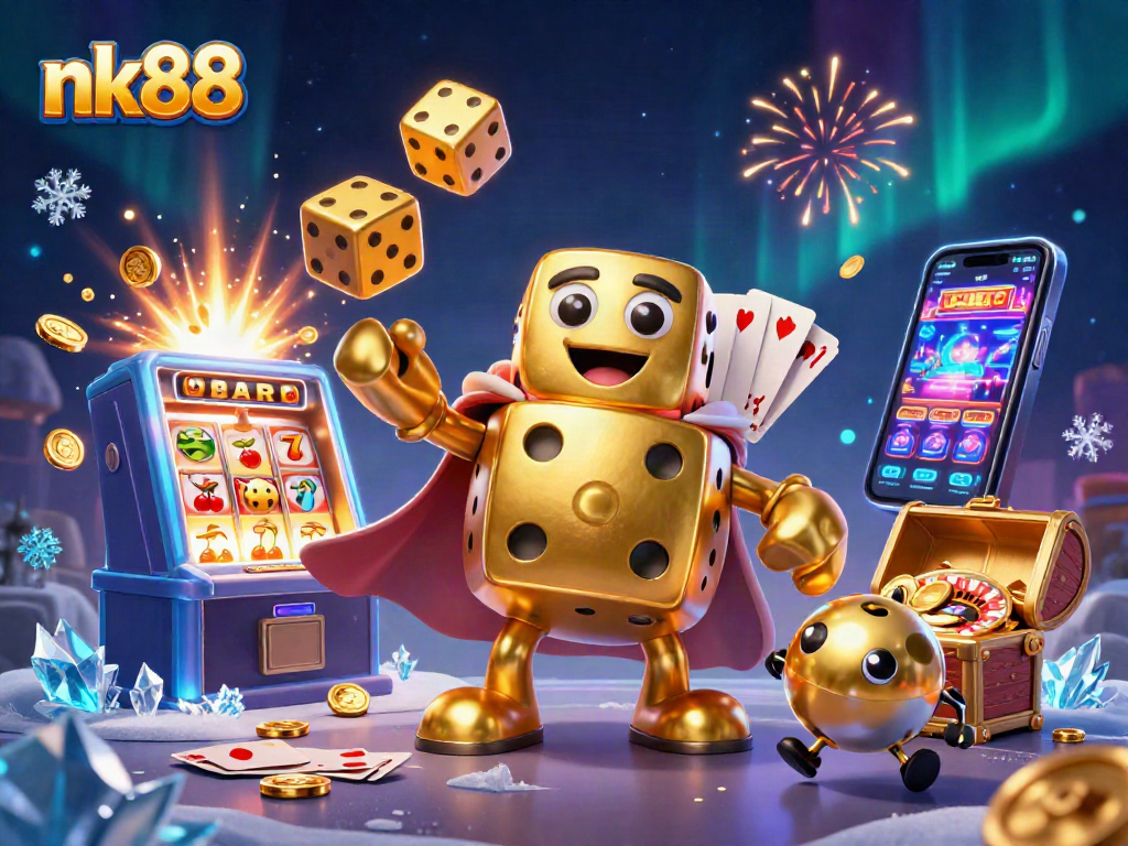 Win big with nk88's golden dice golem juggling coins and jackpots in a vibrant casino scene.