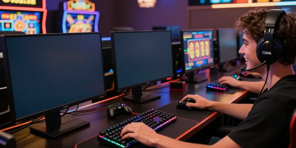 Engaged player enjoying a thrilling slot game experience on a high-definition monitor.