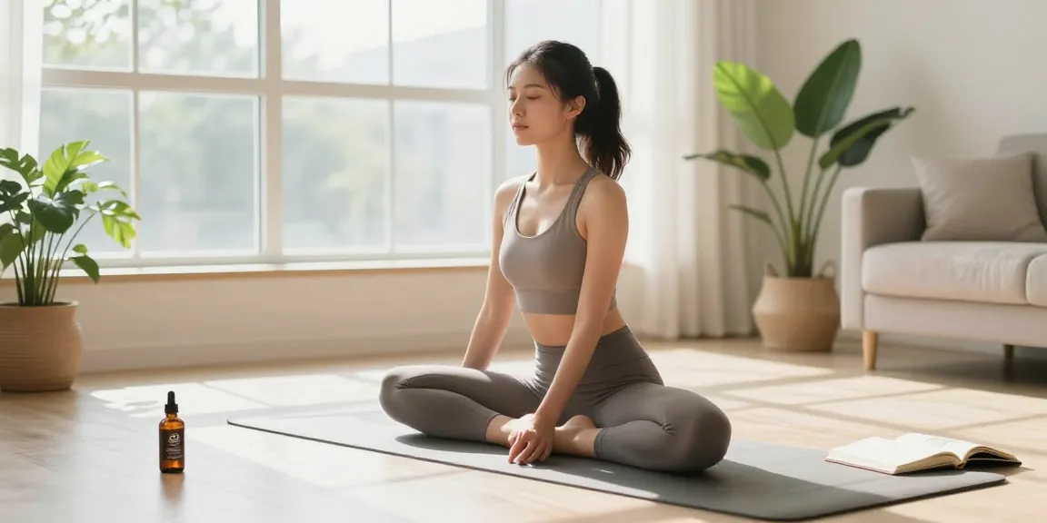 The legal age to vape in Cyprus is accompanied by natural wellness products, including CBD oil and hemp plant elements in a peaceful yoga setting.