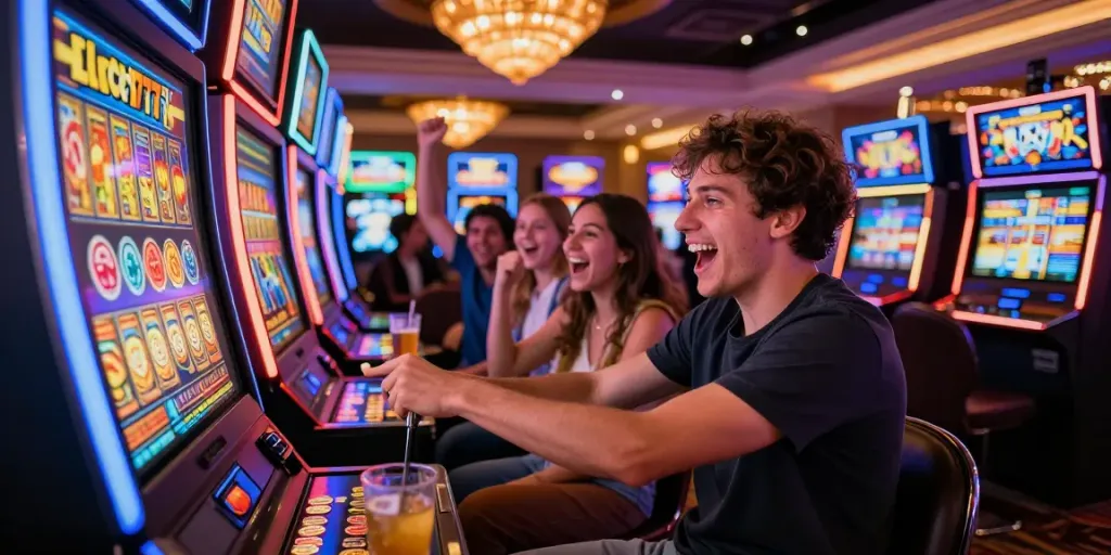 Exciting casino scene with friends playing Lucky777 slots, vibrant lights, and festive atmosphere.