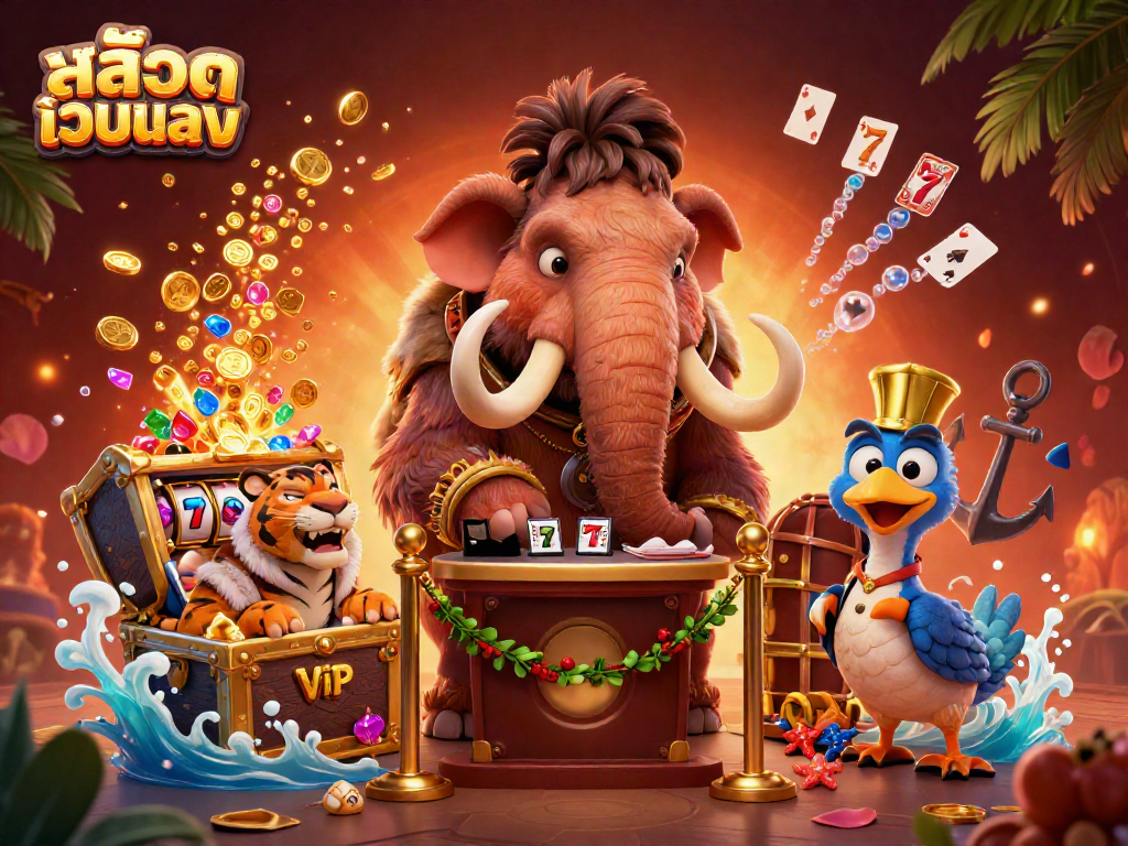 Engage with สล็อตเว็บตรง at a vibrant casino scene featuring a woolly mammoth bouncer and high-energy game elements.