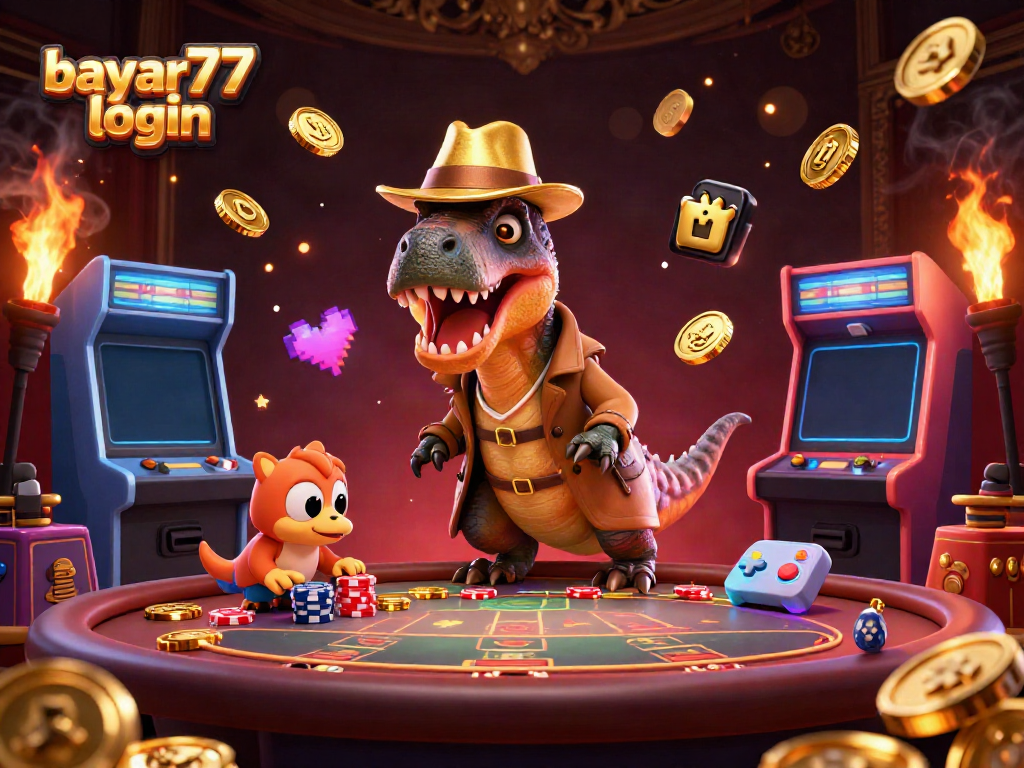 Engage in action with bayar77 login at a lively casino scene filled with animated characters and vibrant game elements.
