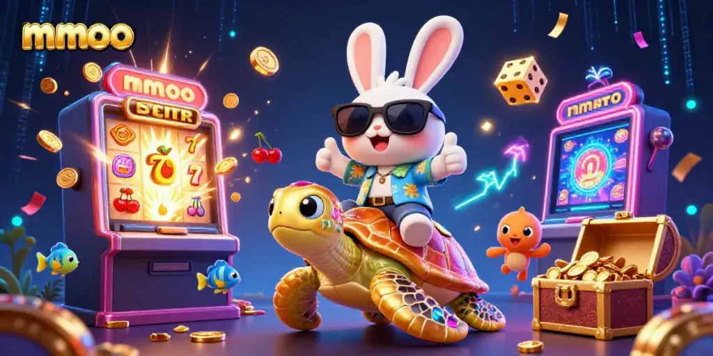 mmoo brings luck as a cartoon rabbit wins at a vibrant casino scene with treasures and excitement