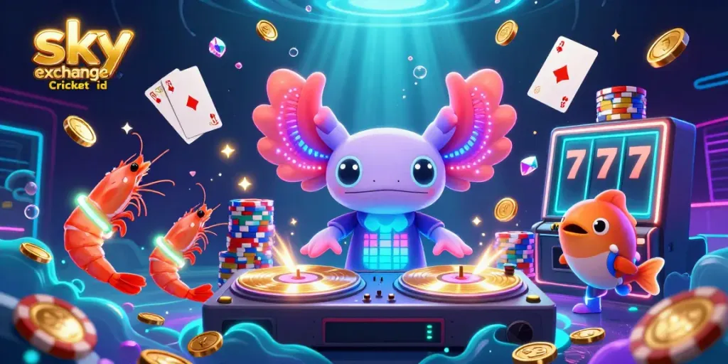 Experience the excitement of betting with a vibrant scene promoting sky exchange Cricket id, featuring an axolotl DJ and dynamic characters.