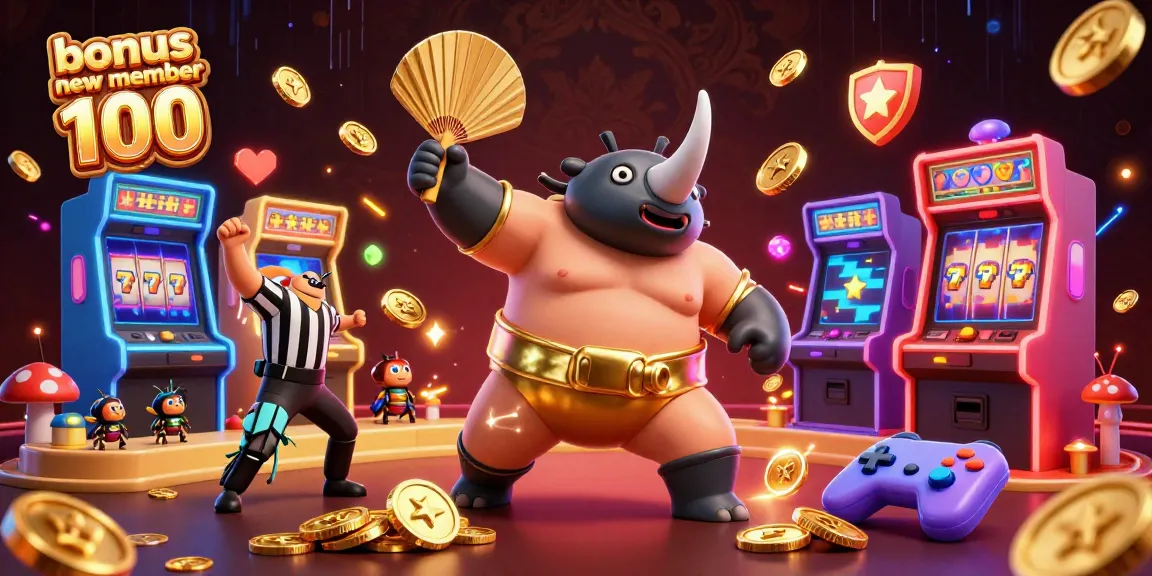 Exciting scene featuring bonus new member 100, depicting a rhinoceros beetle champion surrounded by slot machines and coins.