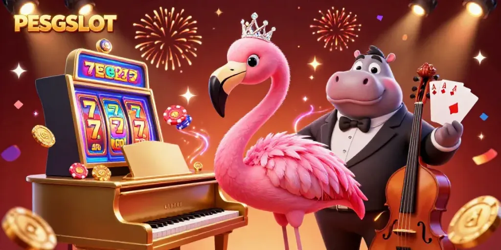 Permainan seru di PESGSLOT dengan penyanyi flamingo dan musisi hippo, dikelilingi simbol jackpot dan koin berkilauan.