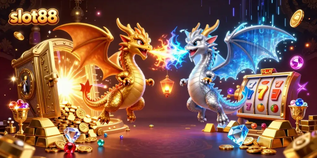 Mengguncangkan slot88 dengan naga kartun 3D terbang menciptakan efek yin-yang di tengah tumpukan emas dan permata.