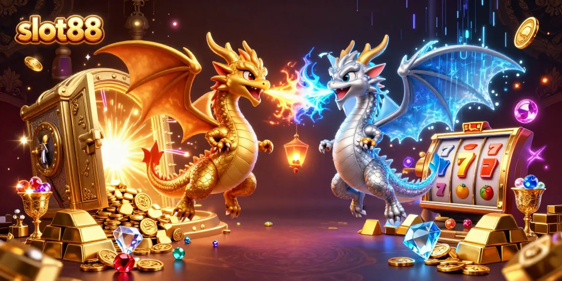 Mengguncangkan slot88 dengan naga kartun 3D terbang menciptakan efek yin-yang di tengah tumpukan emas dan permata.