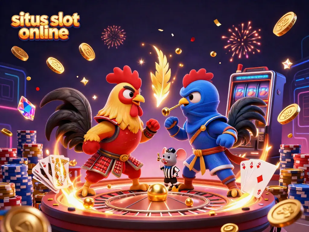 Gambaran situs slot online dengan duel ayam kartun dan unsur kasino yang menarik