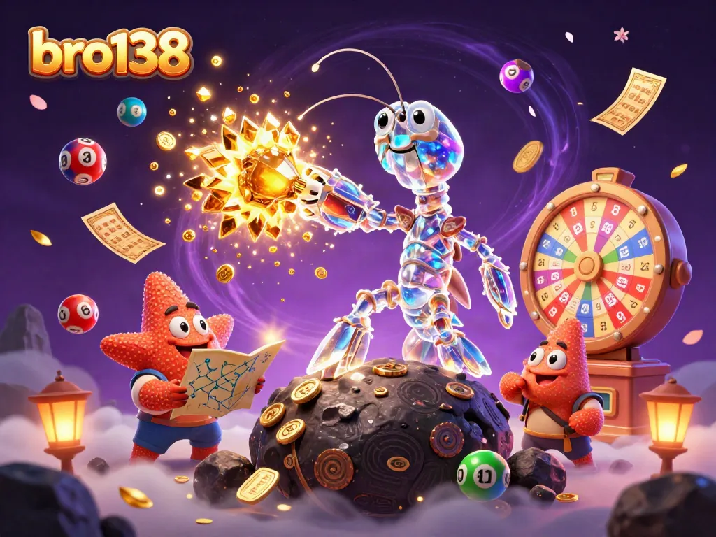 Engage with bro138 gaming excitement as vibrant lottery elements rain down around a heroic mantis shrimp.