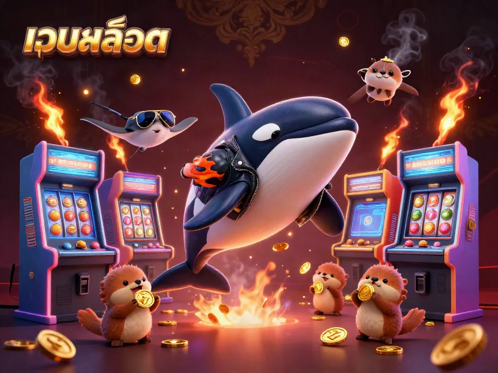 Experience the vibrant attributes of เว็บสล็อต with characters playing amidst colorful slot games and golden coins.