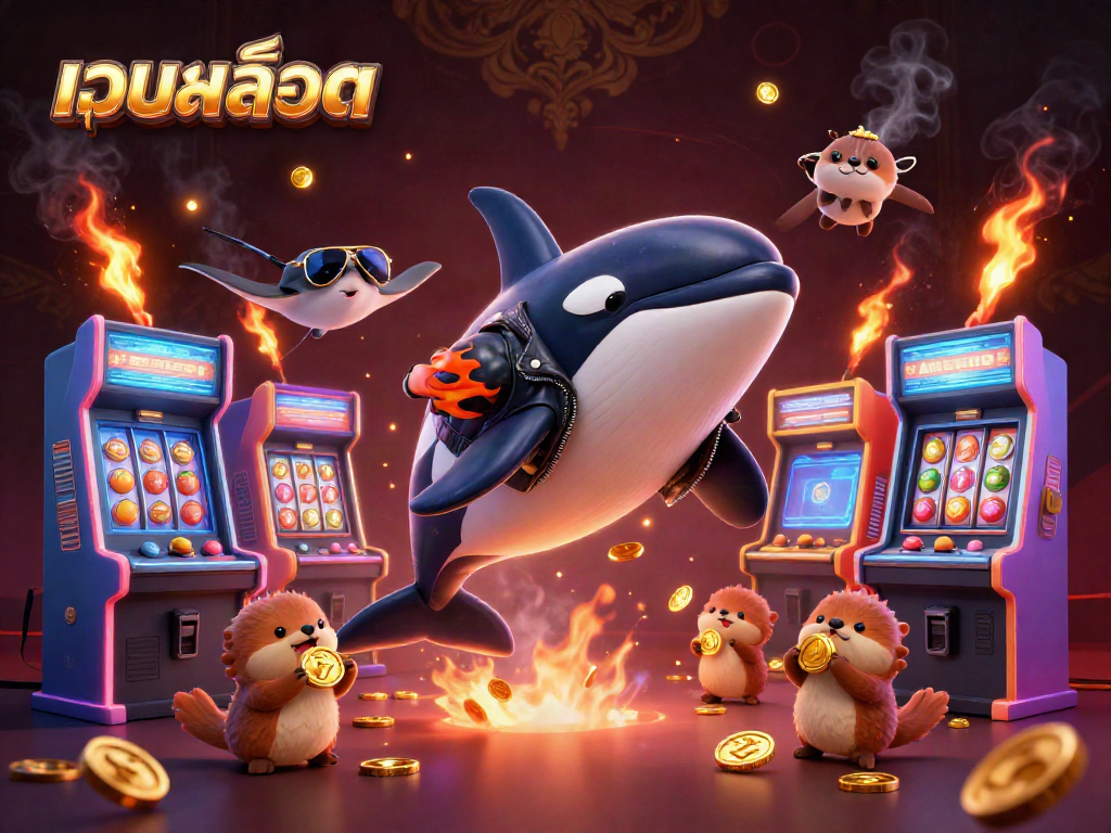 Experience the vibrant attributes of เว็บสล็อต with characters playing amidst colorful slot games and golden coins.