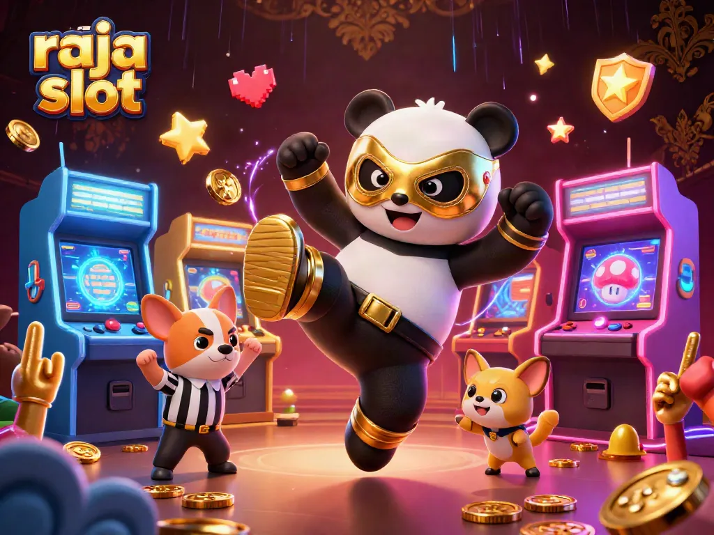 Tepuk tangan untuk raja slot! Gambar dinamis memperlihatkan panda pegulat mengesankan melawan chihuahua wasit dalam suasana kasino yang energik.